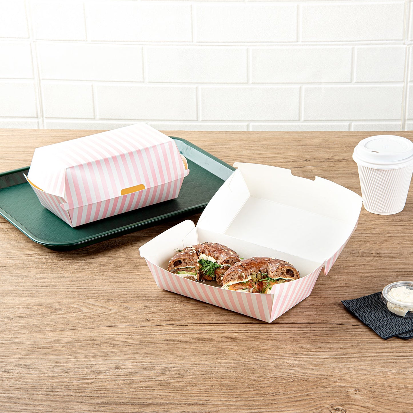 Bio Tek Rectangle Pink and White Stripe Paper Hot Dog / Sandwich Clamshell Container - 6 3/4" x 3 1/2" x 3 1/2" - 100 count box