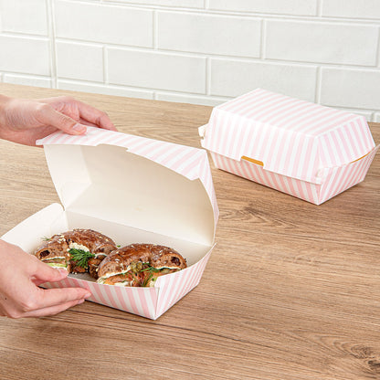 Bio Tek Rectangle Pink and White Stripe Paper Hot Dog / Sandwich Clamshell Container - 6 3/4" x 3 1/2" x 3 1/2" - 100 count box