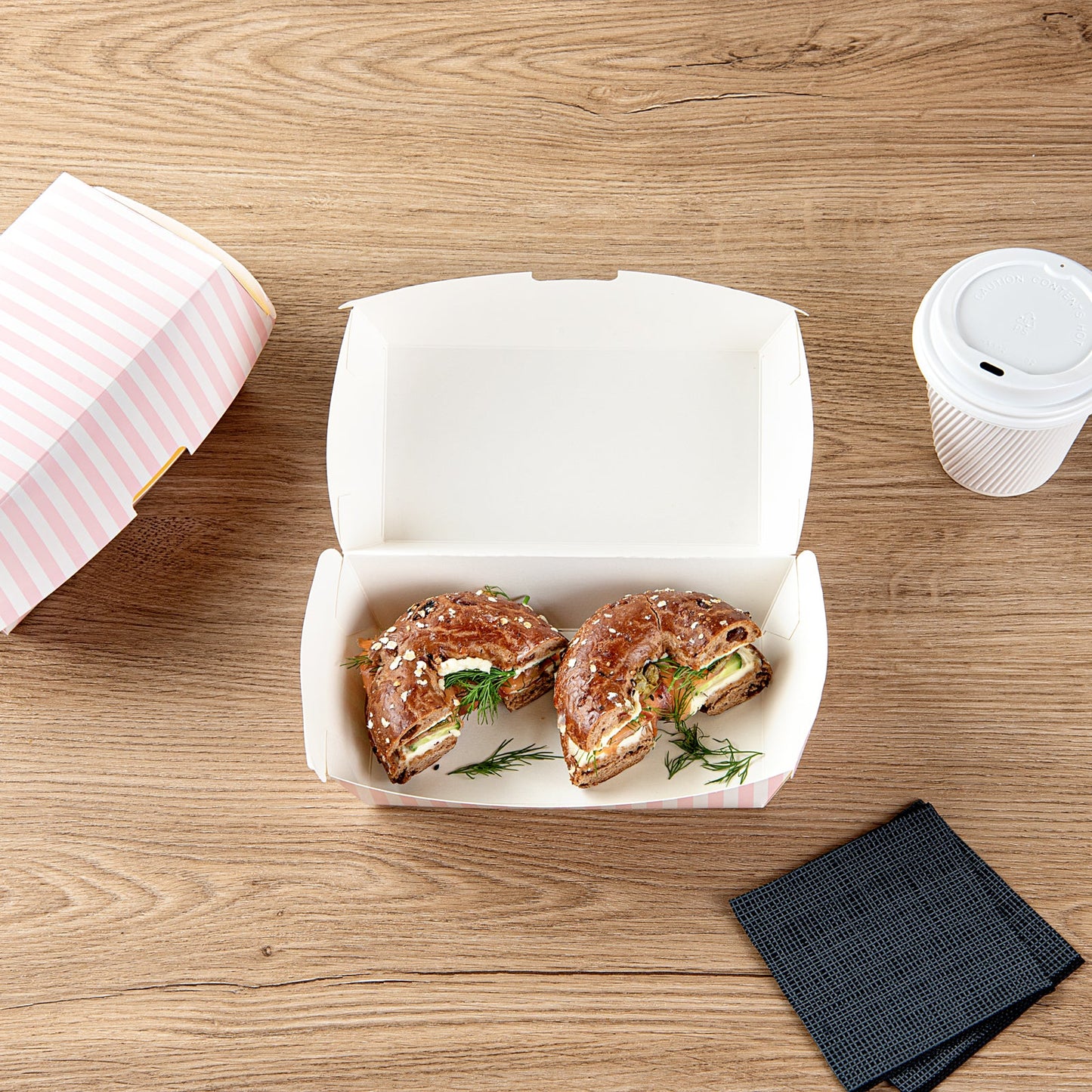 Bio Tek Rectangle Pink and White Stripe Paper Hot Dog / Sandwich Clamshell Container - 6 3/4" x 3 1/2" x 3 1/2" - 100 count box