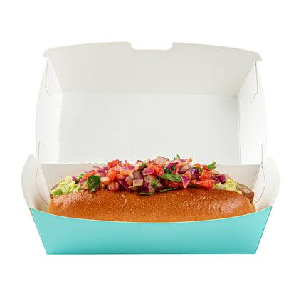 Bio Tek Rectangle Turquoise Paper Hot Dog / Sandwich Clamshell Container - 6 3/4" x 3 1/2" x 3 1/2" - 100 count box