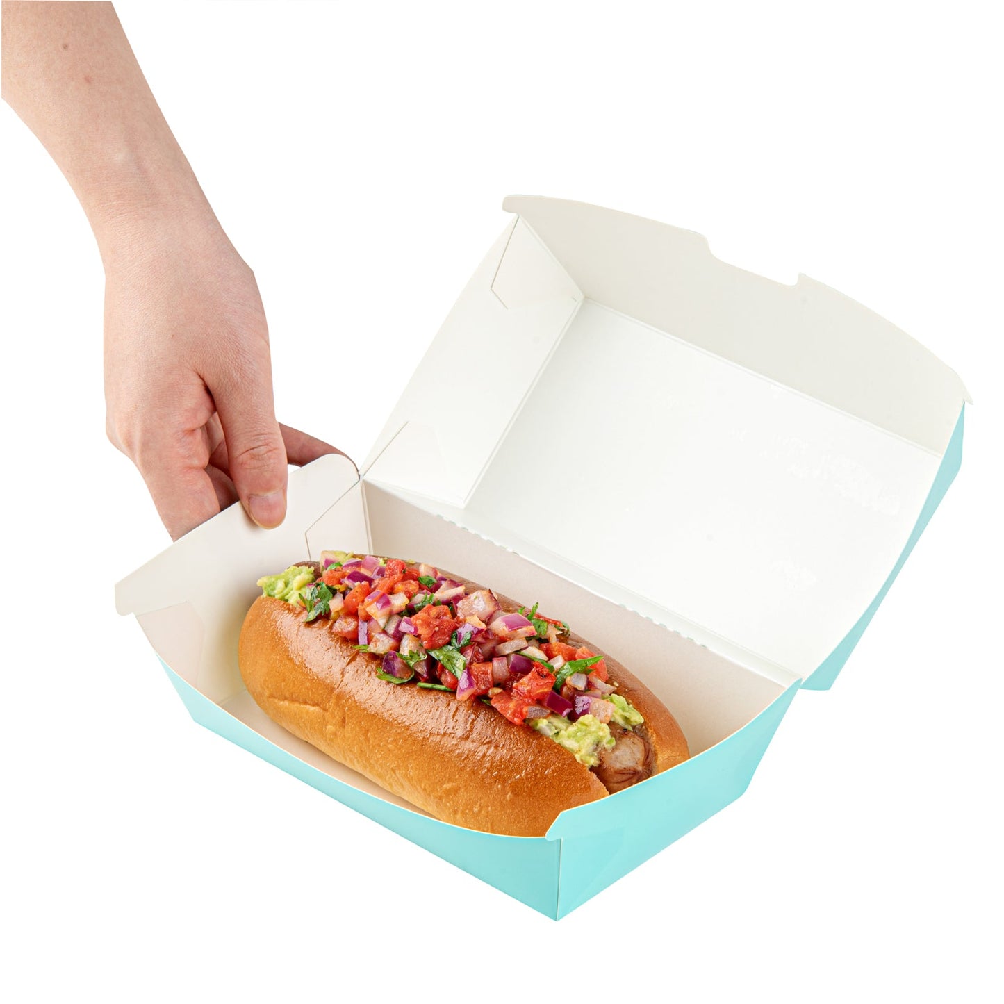 Bio Tek Rectangle Turquoise Paper Hot Dog / Sandwich Clamshell Container - 6 3/4" x 3 1/2" x 3 1/2" - 100 count box