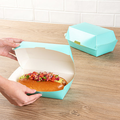 Bio Tek Rectangle Turquoise Paper Hot Dog / Sandwich Clamshell Container - 6 3/4" x 3 1/2" x 3 1/2" - 100 count box