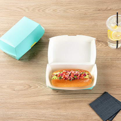 Bio Tek Rectangle Turquoise Paper Hot Dog / Sandwich Clamshell Container - 6 3/4" x 3 1/2" x 3 1/2" - 100 count box