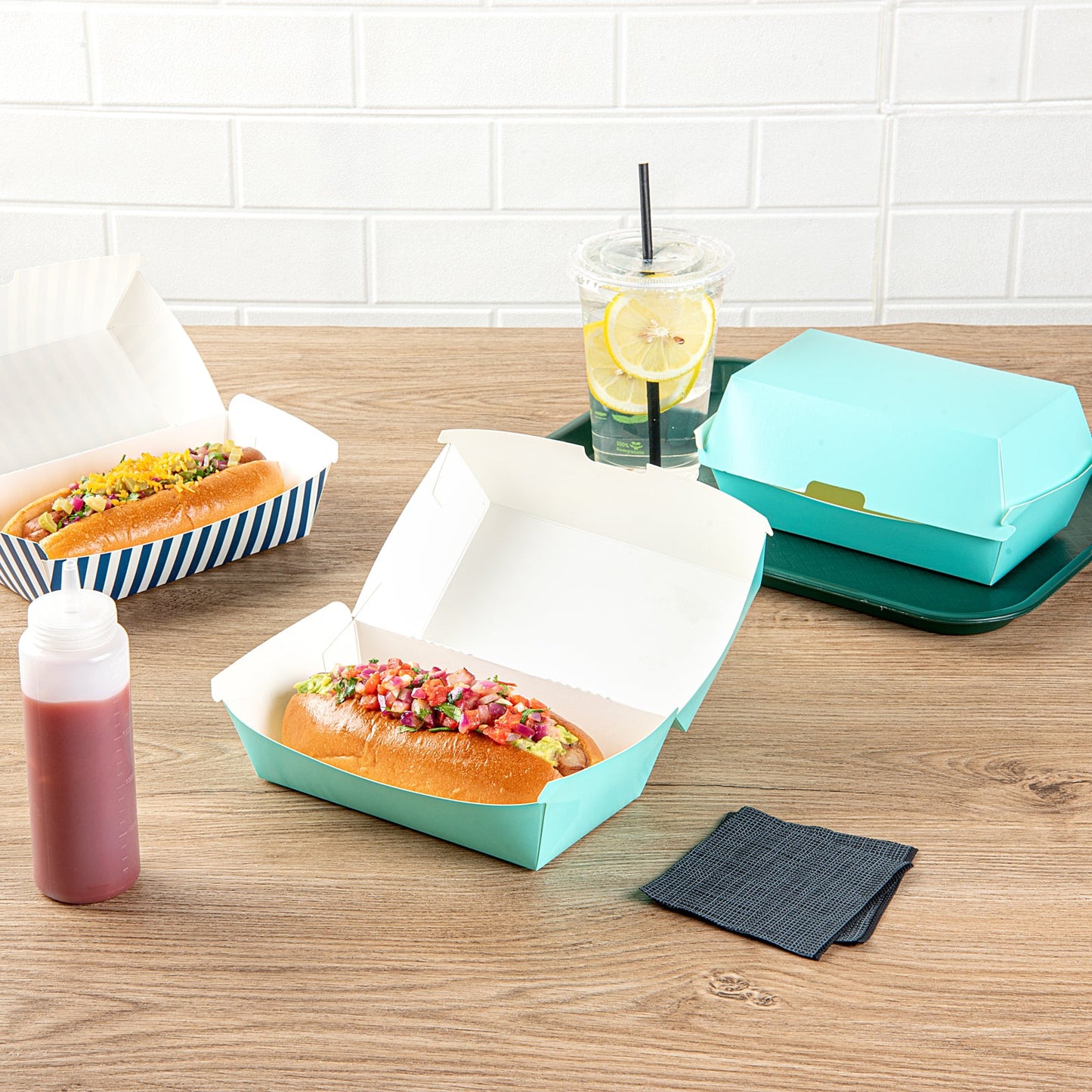 Bio Tek Rectangle Turquoise Paper Hot Dog / Sandwich Clamshell Container - 6 3/4" x 3 1/2" x 3 1/2" - 100 count box