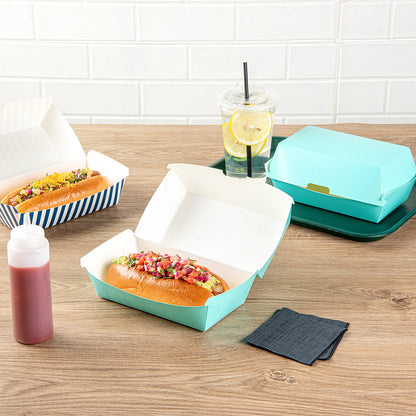 Bio Tek Rectangle Turquoise Paper Hot Dog / Sandwich Clamshell Container - 6 3/4" x 3 1/2" x 3 1/2" - 100 count box