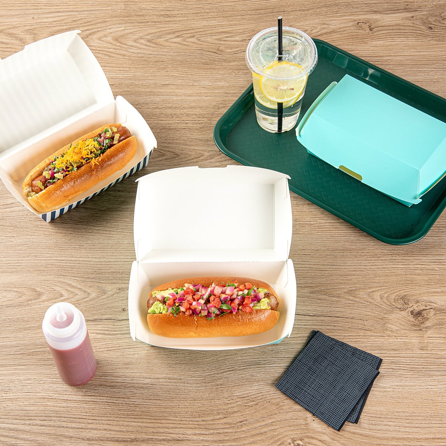 Bio Tek Rectangle Turquoise Paper Hot Dog / Sandwich Clamshell Container - 6 3/4" x 3 1/2" x 3 1/2" - 100 count box