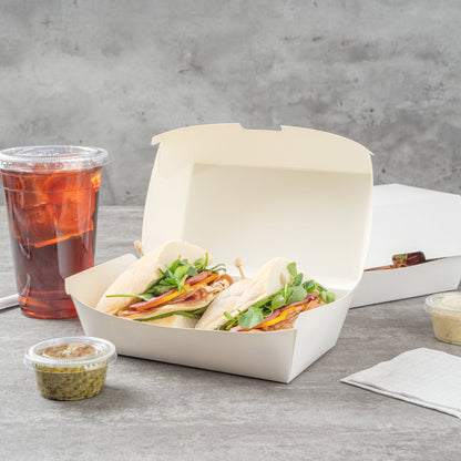 Bio Tek Rectangle White Paper Hot Dog / Sandwich Clamshell Container - 6 3/4" x 3 1/2" x 3 1/2" - 100 count box