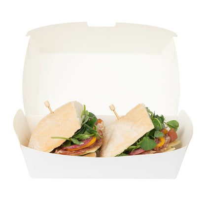 Bio Tek Rectangle White Paper Hot Dog / Sandwich Clamshell Container - 6 3/4" x 3 1/2" x 3 1/2" - 100 count box