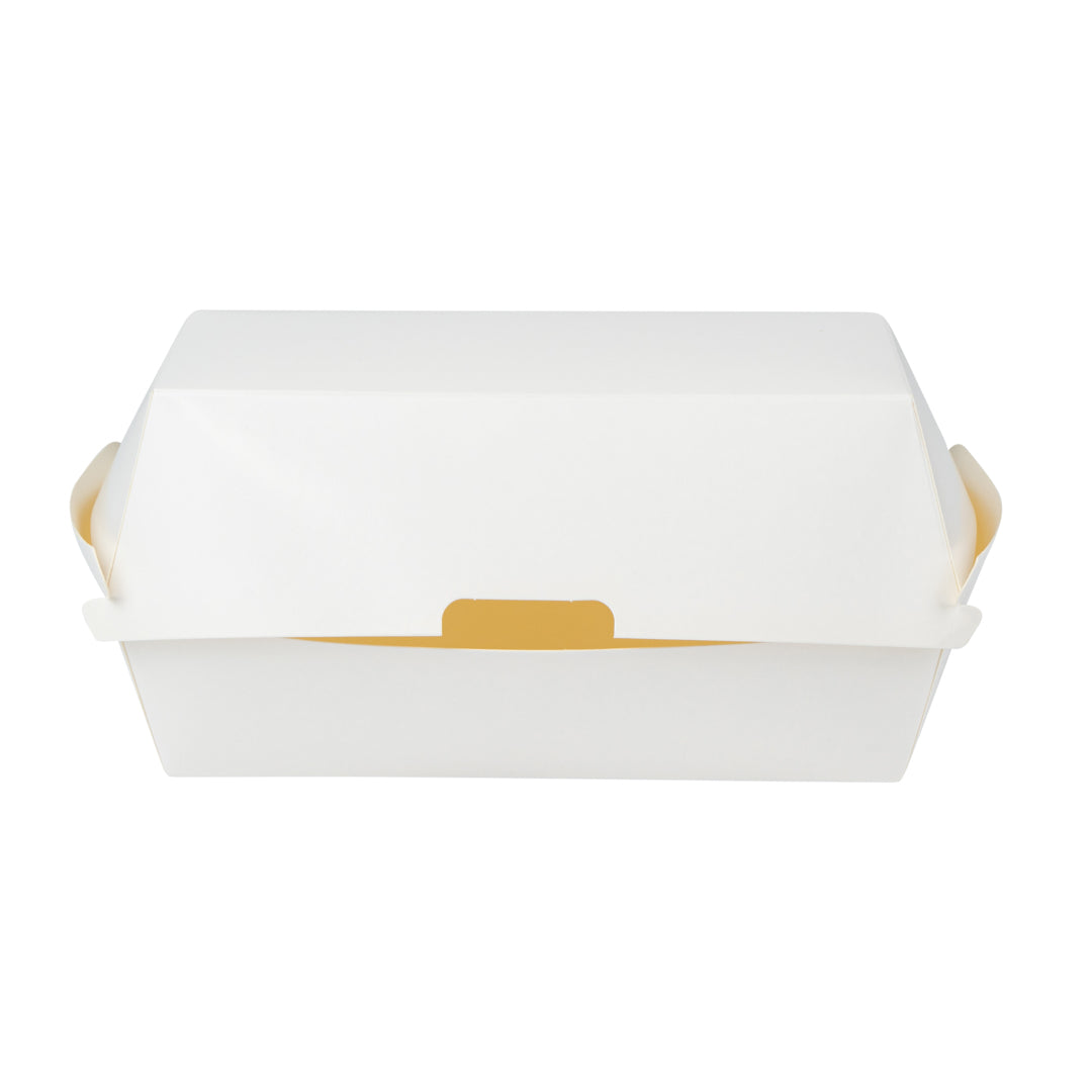 Bio Tek Rectangle White Paper Hot Dog / Sandwich Clamshell Container - 6 3/4" x 3 1/2" x 3 1/2" - 100 count box