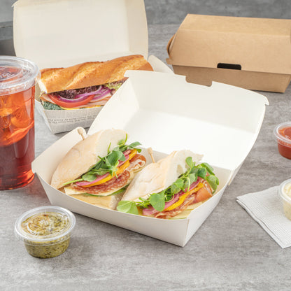 Bio Tek Rectangle White Paper Hot Dog / Sandwich Clamshell Container - 6 3/4" x 3 1/2" x 3 1/2" - 100 count box