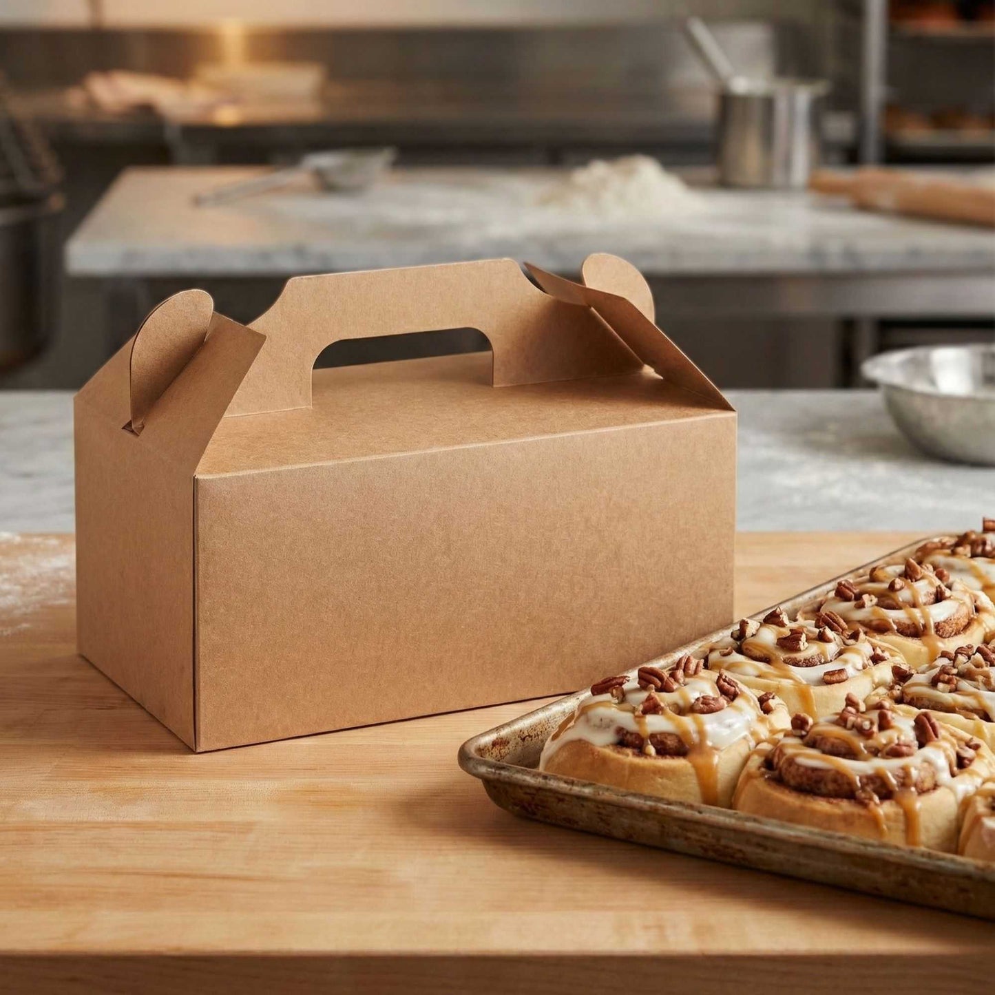 Bio Tek Rectangle Kraft Paper Cake / Take Out Container - with Secure Tab Handle - 10 1/4" x 6" x 6 3/4" - 100 count box