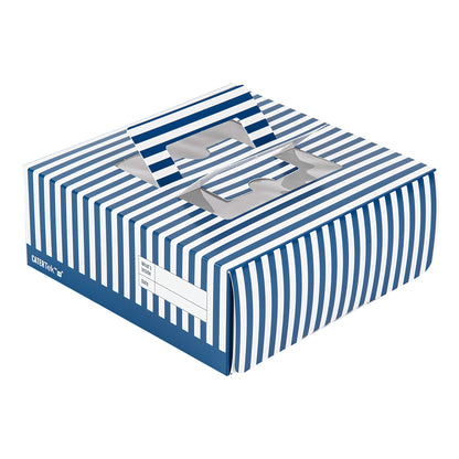 Cater Tek Square Blue and White Stripe Paper Cake / Take Out Container - with Pop-Up Handle, Window - 9" x 9" x 3 1/2" - 50 count box