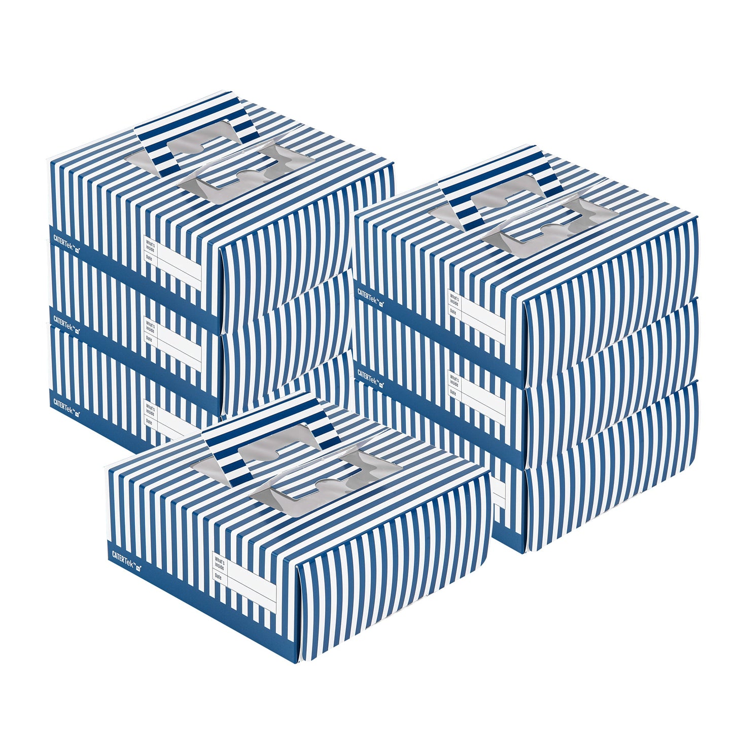 Cater Tek Square Blue and White Stripe Paper Cake / Take Out Container - with Pop-Up Handle, Window - 9" x 9" x 3 1/2" - 50 count box