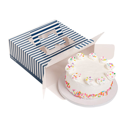 Cater Tek Square Blue and White Stripe Paper Cake / Take Out Container - with Pop-Up Handle, Window - 9" x 9" x 3 1/2" - 50 count box