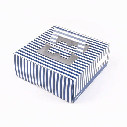 Cater Tek Square Blue and White Stripe Paper Cake / Take Out Container - with Pop-Up Handle, Window - 9" x 9" x 3 1/2" - 50 count box