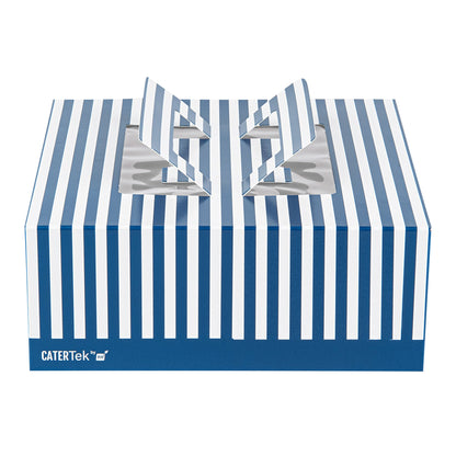 Cater Tek Square Blue and White Stripe Paper Cake / Take Out Container - with Pop-Up Handle, Window - 9" x 9" x 3 1/2" - 50 count box