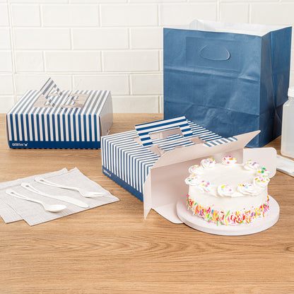 Cater Tek Square Blue and White Stripe Paper Cake / Take Out Container - with Pop-Up Handle, Window - 9" x 9" x 3 1/2" - 50 count box
