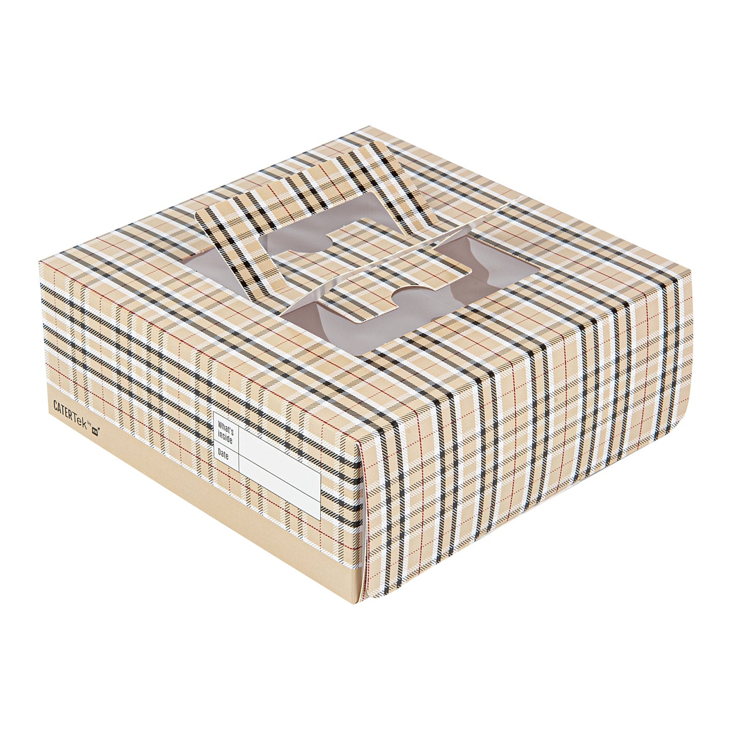Cater Tek Square Plaid Paper Cake / Take Out Container - with Pop-Up Handle, Window - 9" x 9" x 3 1/2" - 50 count box