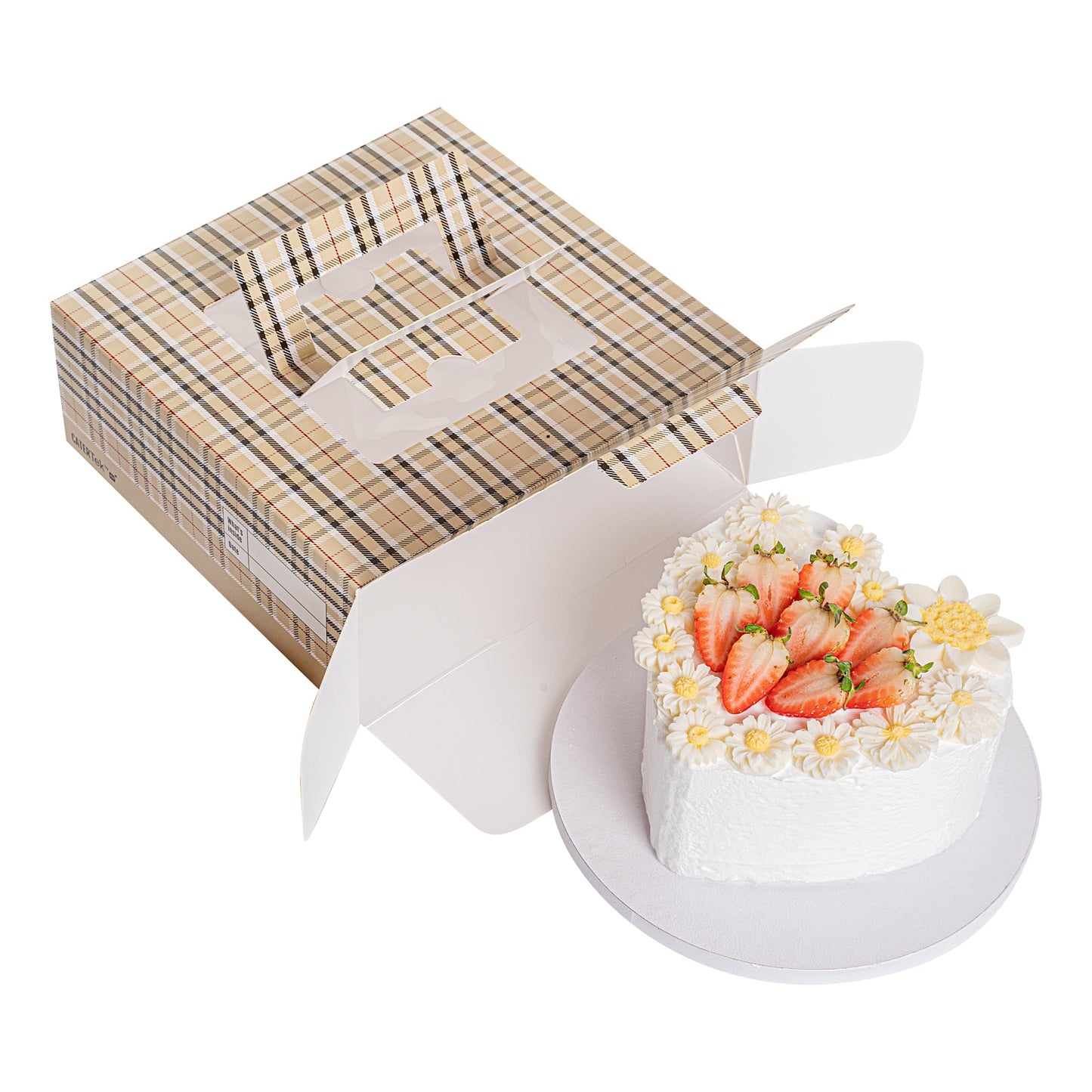Cater Tek Square Plaid Paper Cake / Take Out Container - with Pop-Up Handle, Window - 9" x 9" x 3 1/2" - 50 count box