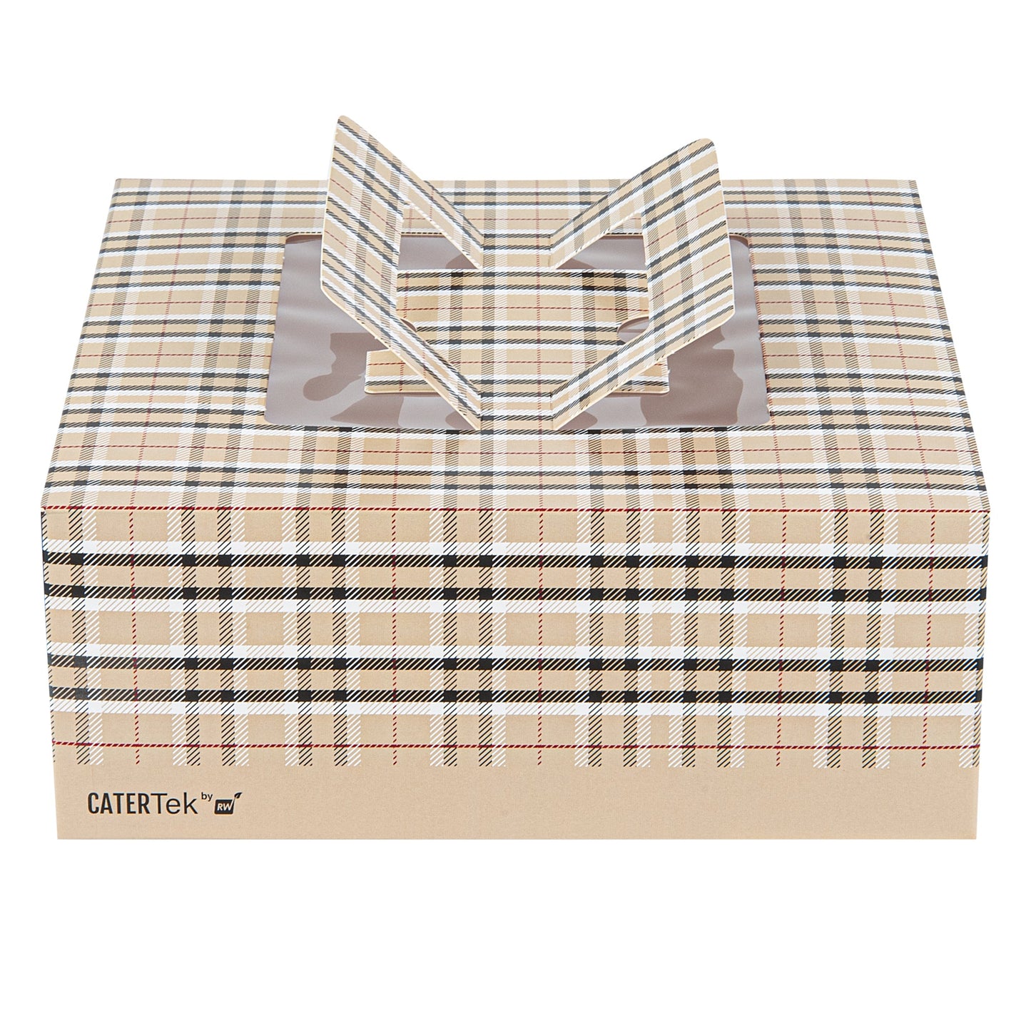 Cater Tek Square Plaid Paper Cake / Take Out Container - with Pop-Up Handle, Window - 9" x 9" x 3 1/2" - 50 count box