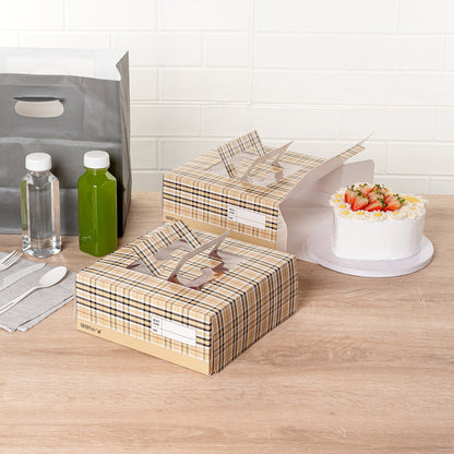 Cater Tek Square Plaid Paper Cake / Take Out Container - with Pop-Up Handle, Window - 9" x 9" x 3 1/2" - 50 count box