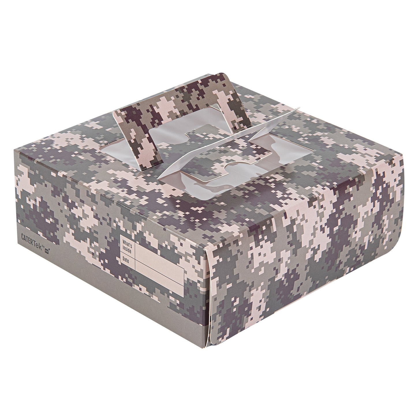 Cater Tek Square Camouflage Paper Cake / Take Out Container - with Pop-Up Handle, Window - 9" x 9" x 3 1/2" - 50 count box