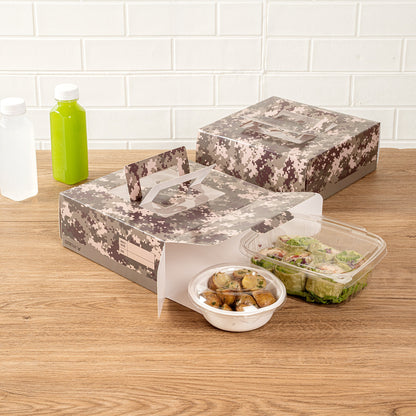 Cater Tek Square Camouflage Paper Cake / Take Out Container - with Pop-Up Handle, Window - 9" x 9" x 3 1/2" - 50 count box