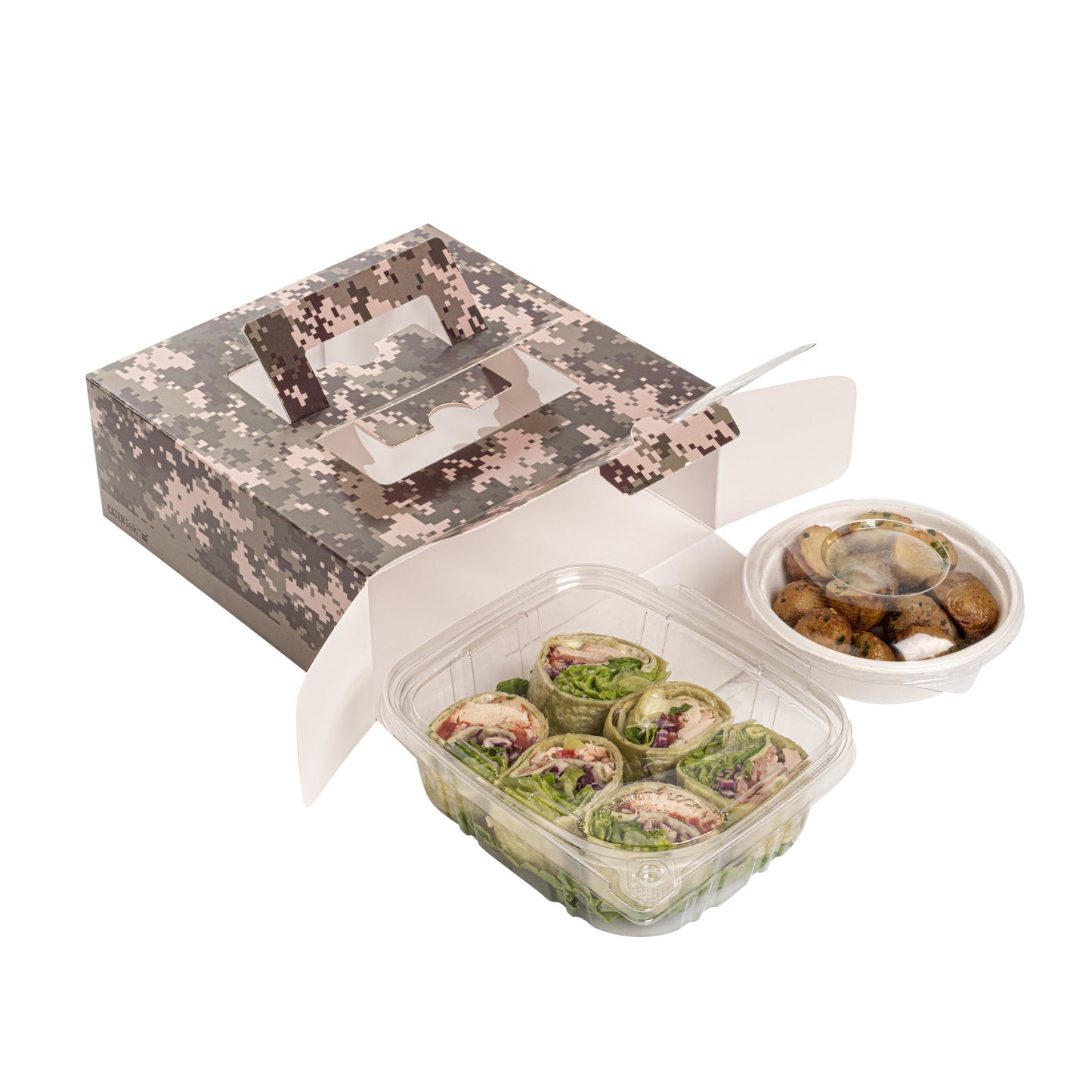 Cater Tek Square Camouflage Paper Cake / Take Out Container - with Pop-Up Handle, Window - 9" x 9" x 3 1/2" - 50 count box