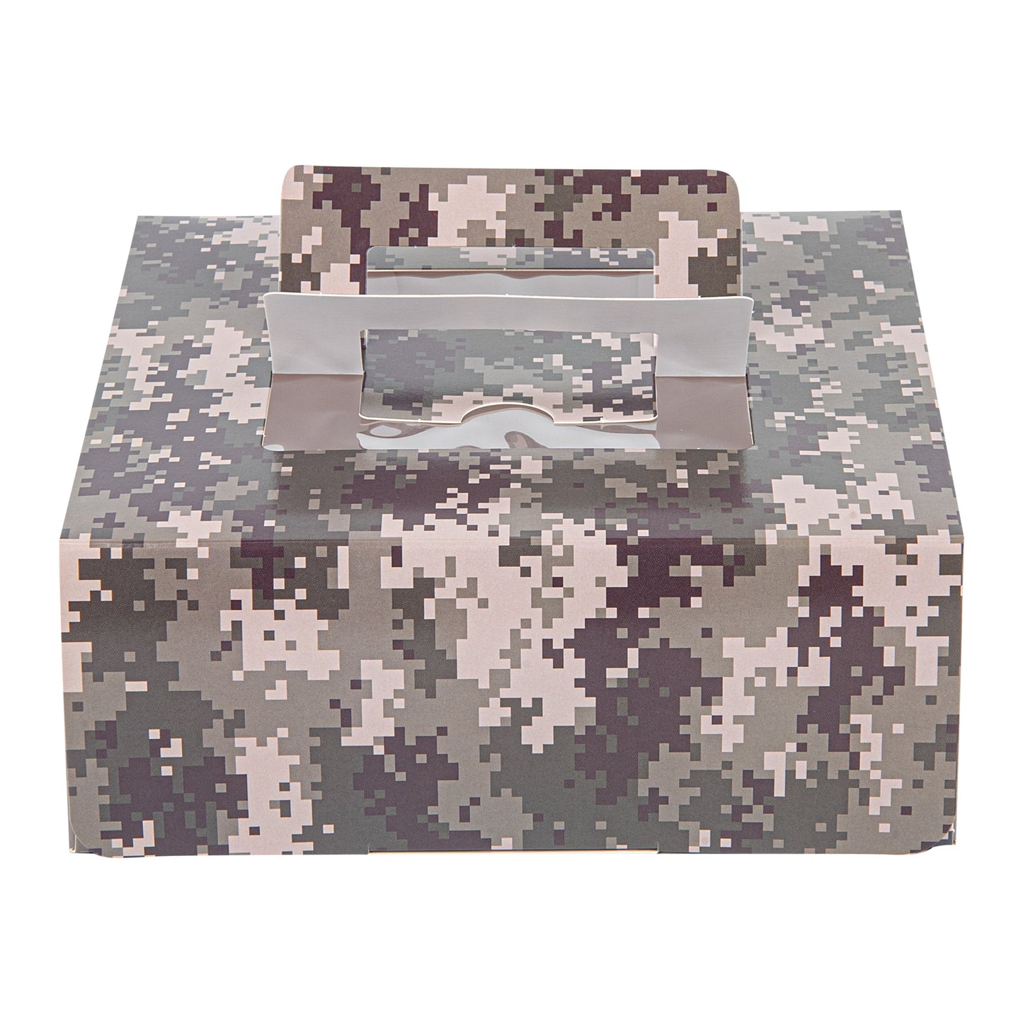 Cater Tek Square Camouflage Paper Cake / Take Out Container - with Pop-Up Handle, Window - 9" x 9" x 3 1/2" - 50 count box