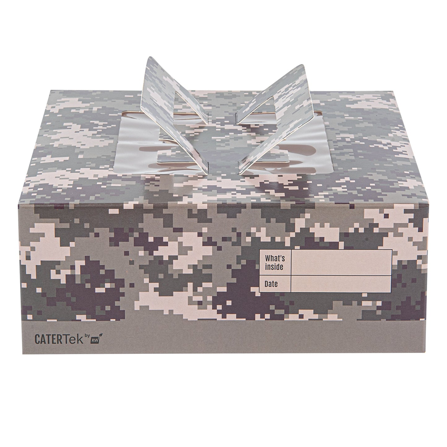 Cater Tek Square Camouflage Paper Cake / Take Out Container - with Pop-Up Handle, Window - 9" x 9" x 3 1/2" - 50 count box