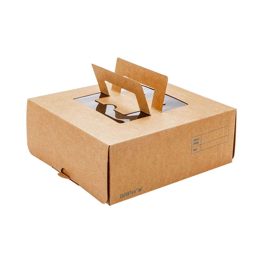 Cater Tek Square Kraft Paper Cake / Take Out Container - with Pop-Up Handle, Window - 9" x 9" x 3 1/2" - 50 count box