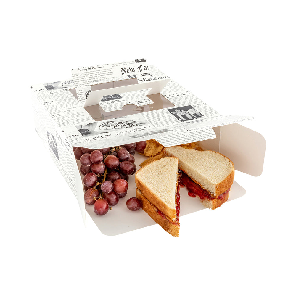 Cater Tek Square Newsprint Paper Cake / Take Out Container - with Pop-Up Handle, Window - 9" x 9" x 3 1/2" - 50 count box