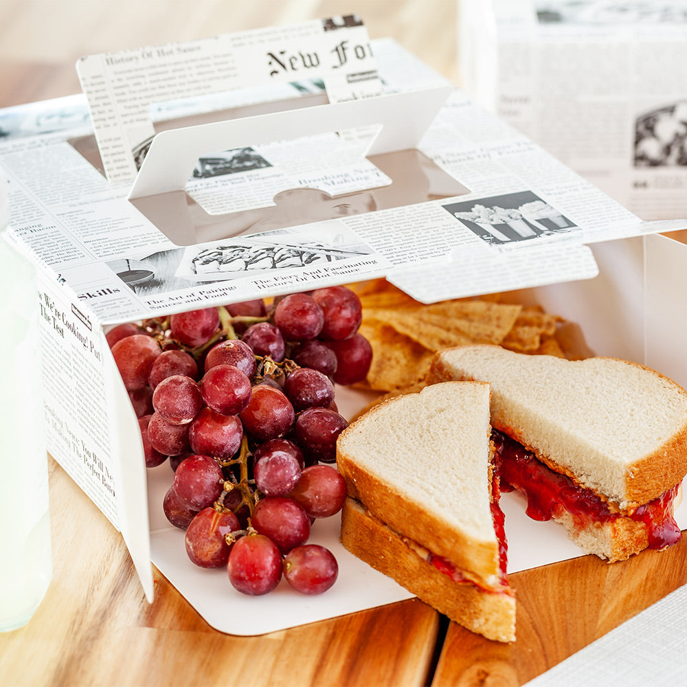 Cater Tek Square Newsprint Paper Cake / Take Out Container - with Pop-Up Handle, Window - 9" x 9" x 3 1/2" - 50 count box