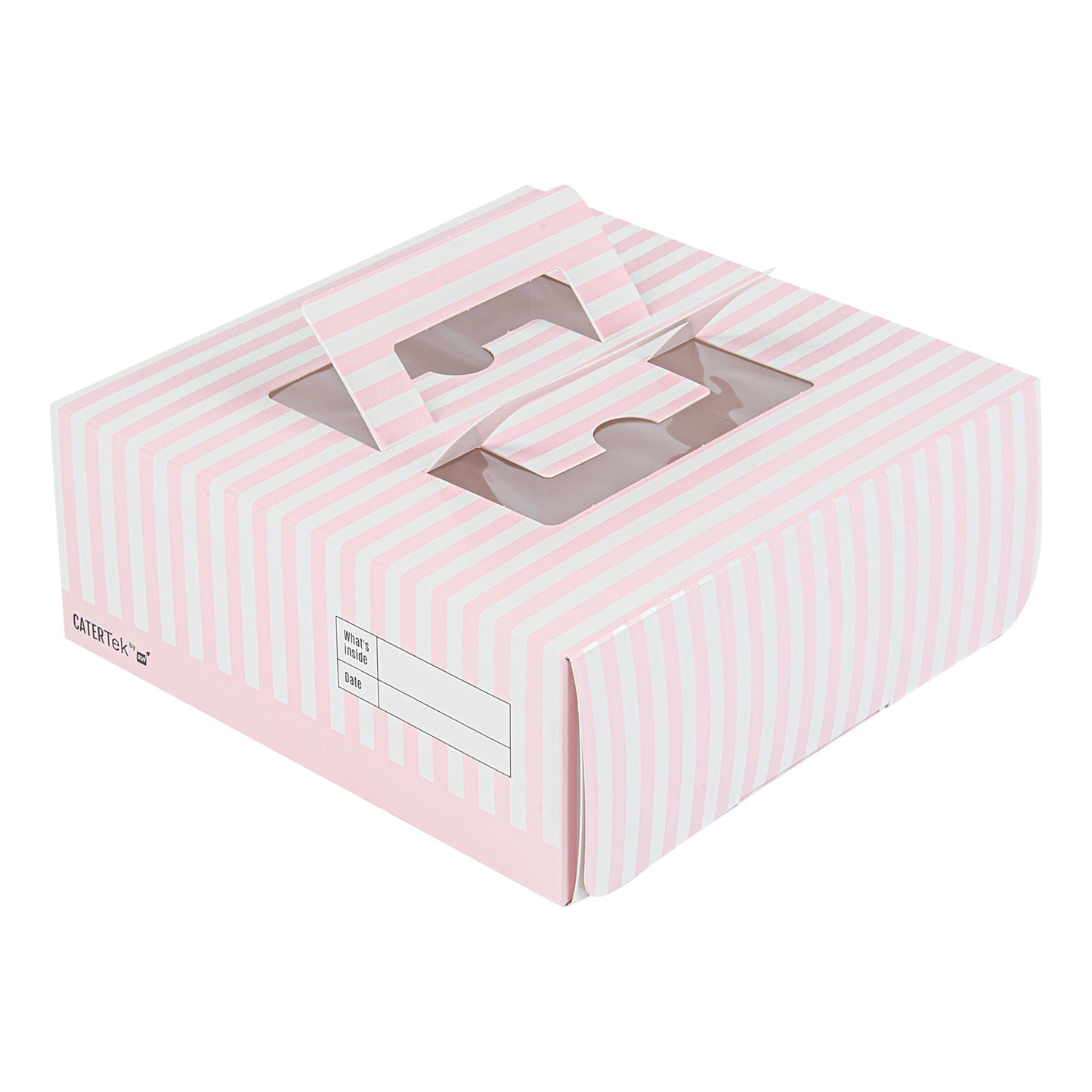 Cater Tek Square Pink and White Stripe Paper Cake / Take Out Container - with Pop-Up Handle, Window - 9" x 9" x 3 1/2" - 50 count box