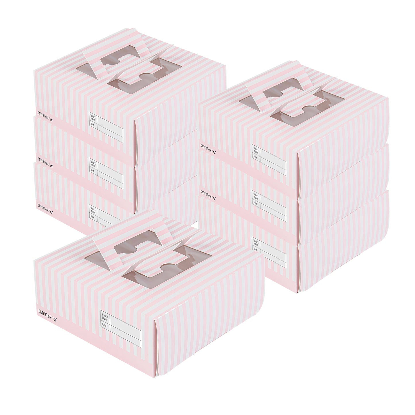Cater Tek Square Pink and White Stripe Paper Cake / Take Out Container - with Pop-Up Handle, Window - 9" x 9" x 3 1/2" - 50 count box