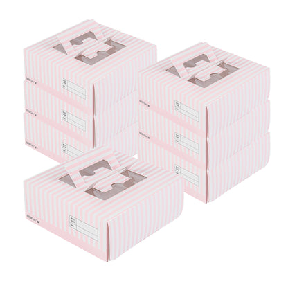 Cater Tek Square Pink and White Stripe Paper Cake / Take Out Container - with Pop-Up Handle, Window - 9" x 9" x 3 1/2" - 50 count box