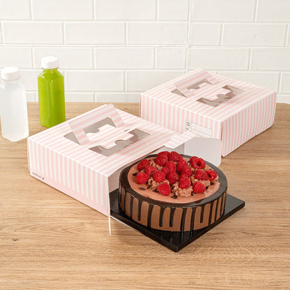 Cater Tek Square Pink and White Stripe Paper Cake / Take Out Container - with Pop-Up Handle, Window - 9" x 9" x 3 1/2" - 50 count box