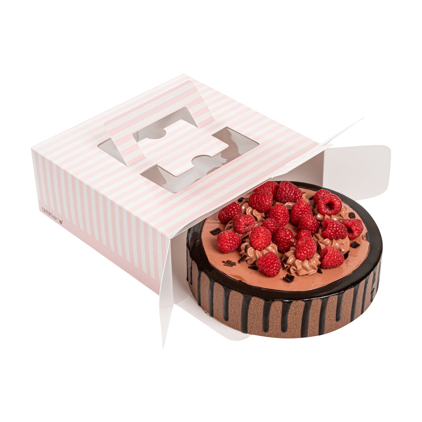 Cater Tek Square Pink and White Stripe Paper Cake / Take Out Container - with Pop-Up Handle, Window - 9" x 9" x 3 1/2" - 50 count box
