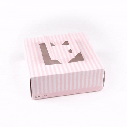 Cater Tek Square Pink and White Stripe Paper Cake / Take Out Container - with Pop-Up Handle, Window - 9" x 9" x 3 1/2" - 50 count box