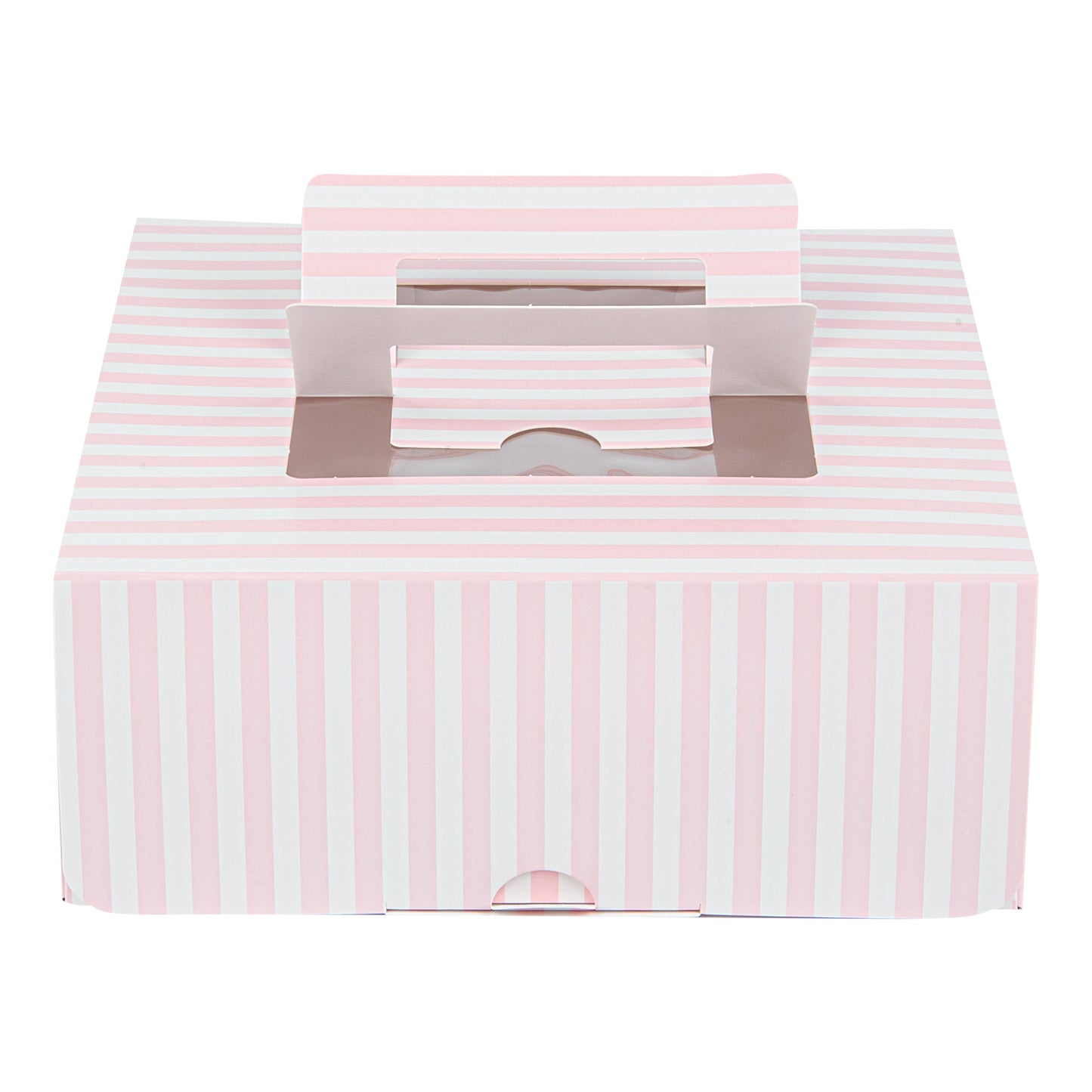Cater Tek Square Pink and White Stripe Paper Cake / Take Out Container - with Pop-Up Handle, Window - 9" x 9" x 3 1/2" - 50 count box