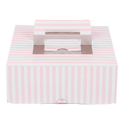 Cater Tek Square Pink and White Stripe Paper Cake / Take Out Container - with Pop-Up Handle, Window - 9" x 9" x 3 1/2" - 50 count box