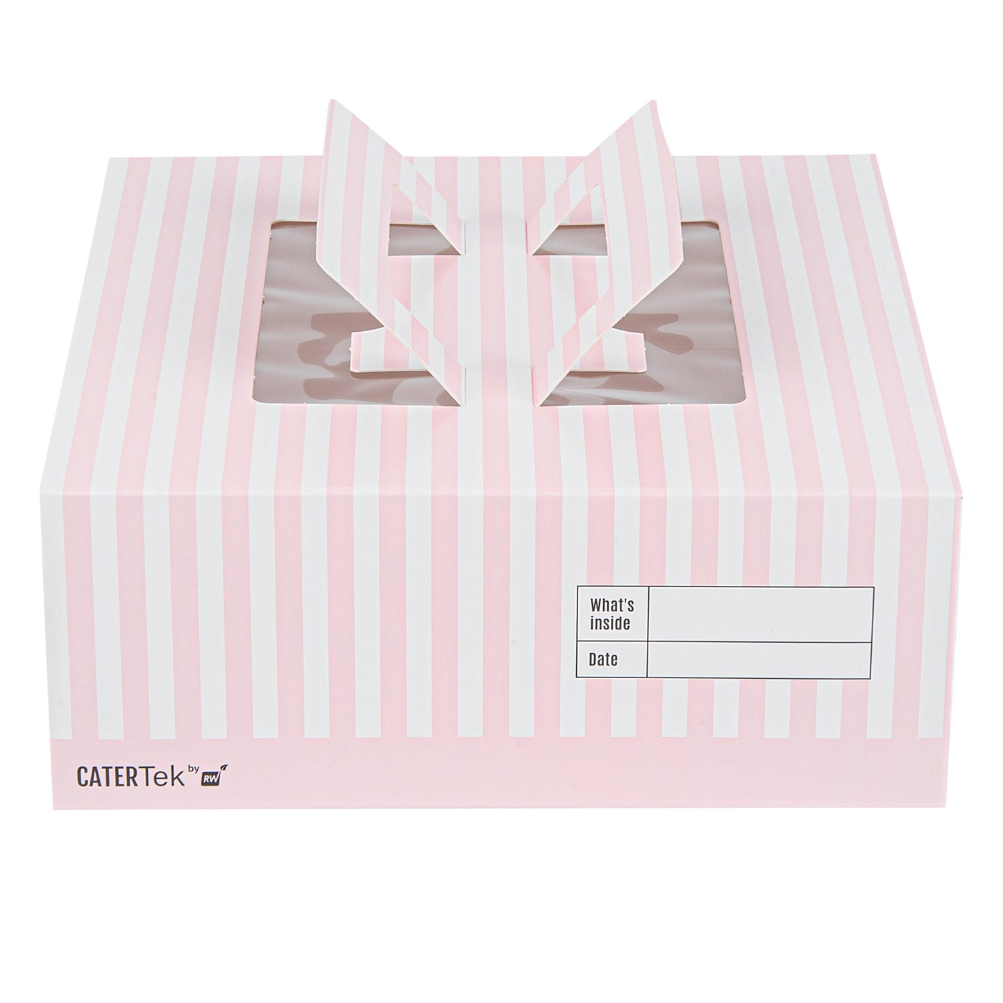 Cater Tek Square Pink and White Stripe Paper Cake / Take Out Container - with Pop-Up Handle, Window - 9" x 9" x 3 1/2" - 50 count box