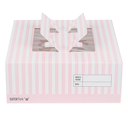 Cater Tek Square Pink and White Stripe Paper Cake / Take Out Container - with Pop-Up Handle, Window - 9" x 9" x 3 1/2" - 50 count box