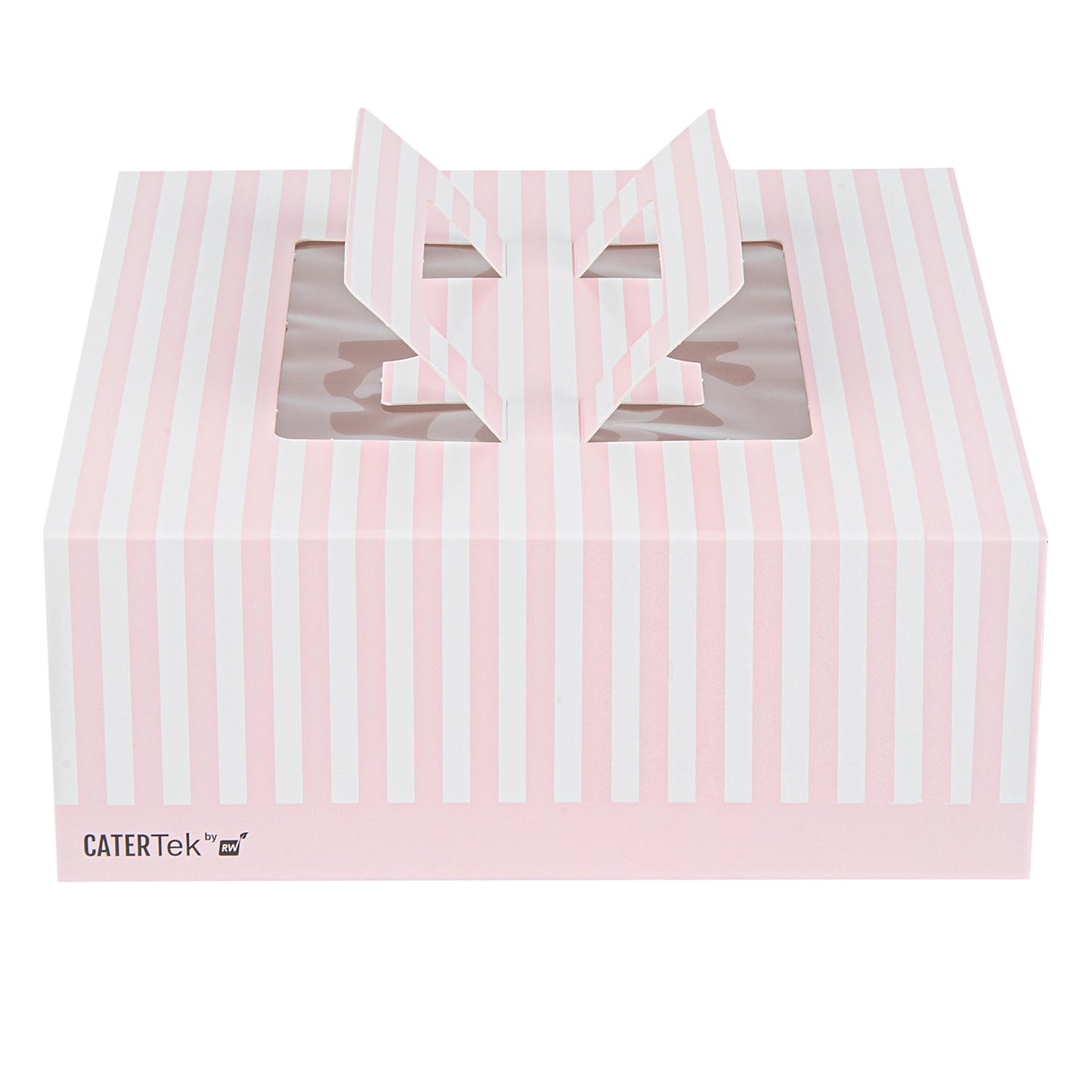 Cater Tek Square Pink and White Stripe Paper Cake / Take Out Container - with Pop-Up Handle, Window - 9" x 9" x 3 1/2" - 50 count box