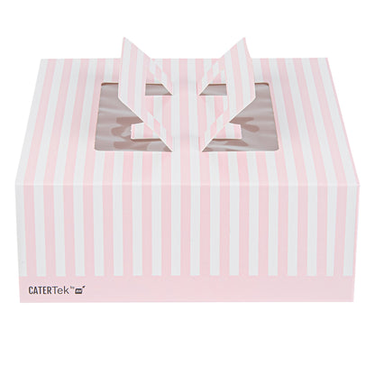 Cater Tek Square Pink and White Stripe Paper Cake / Take Out Container - with Pop-Up Handle, Window - 9" x 9" x 3 1/2" - 50 count box