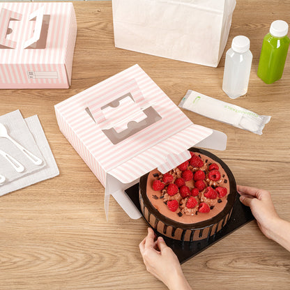 Cater Tek Square Pink and White Stripe Paper Cake / Take Out Container - with Pop-Up Handle, Window - 9" x 9" x 3 1/2" - 50 count box
