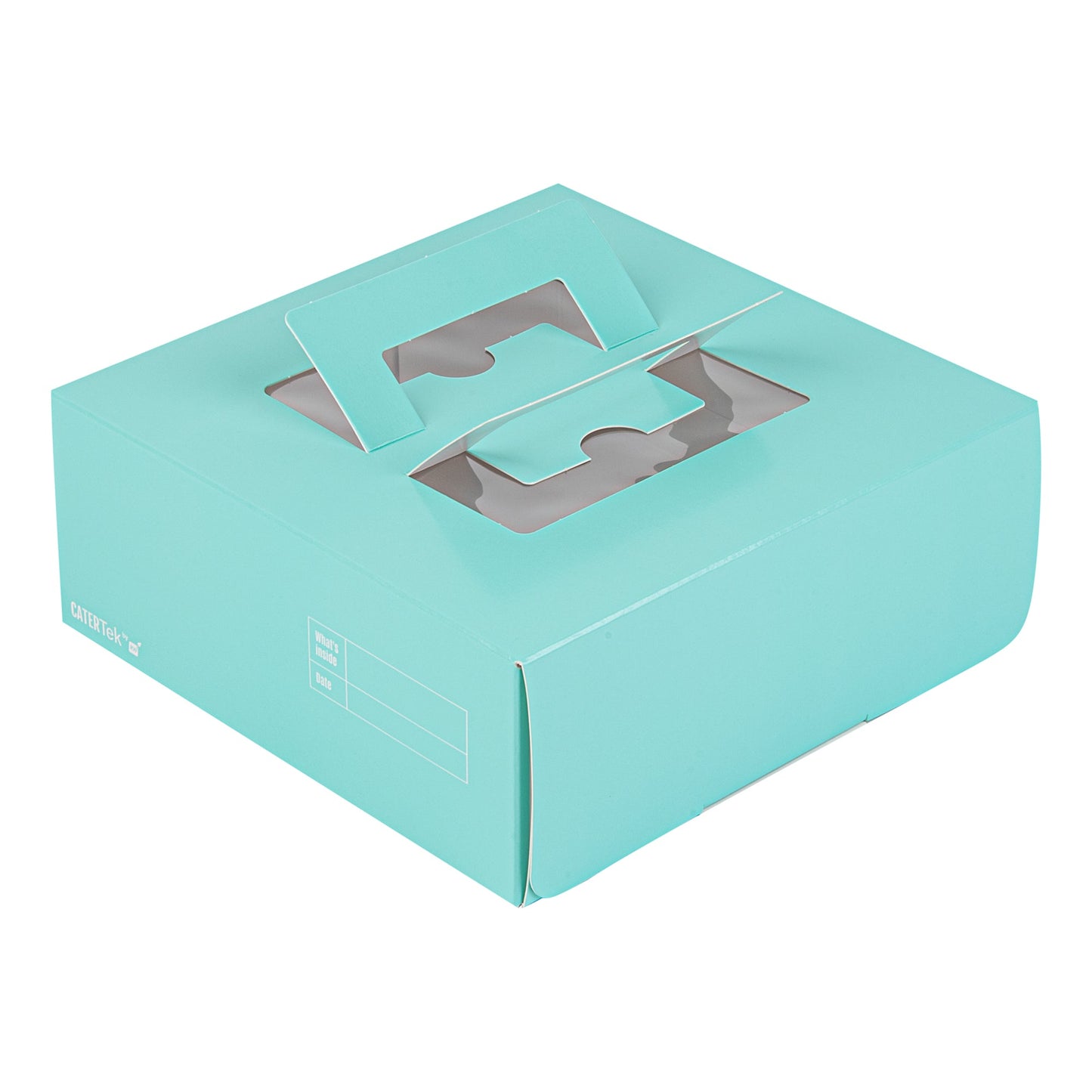 Cater Tek Square Turquoise Paper Cake / Take Out Container - with Pop-Up Handle, Window - 9" x 9" x 3 1/2" - 50 count box