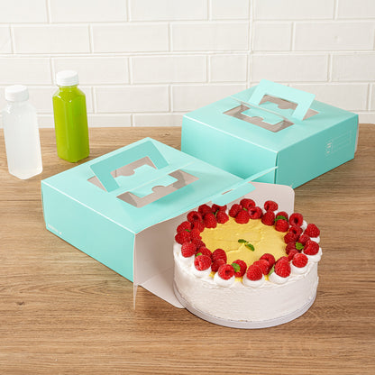 Cater Tek Square Turquoise Paper Cake / Take Out Container - with Pop-Up Handle, Window - 9" x 9" x 3 1/2" - 50 count box