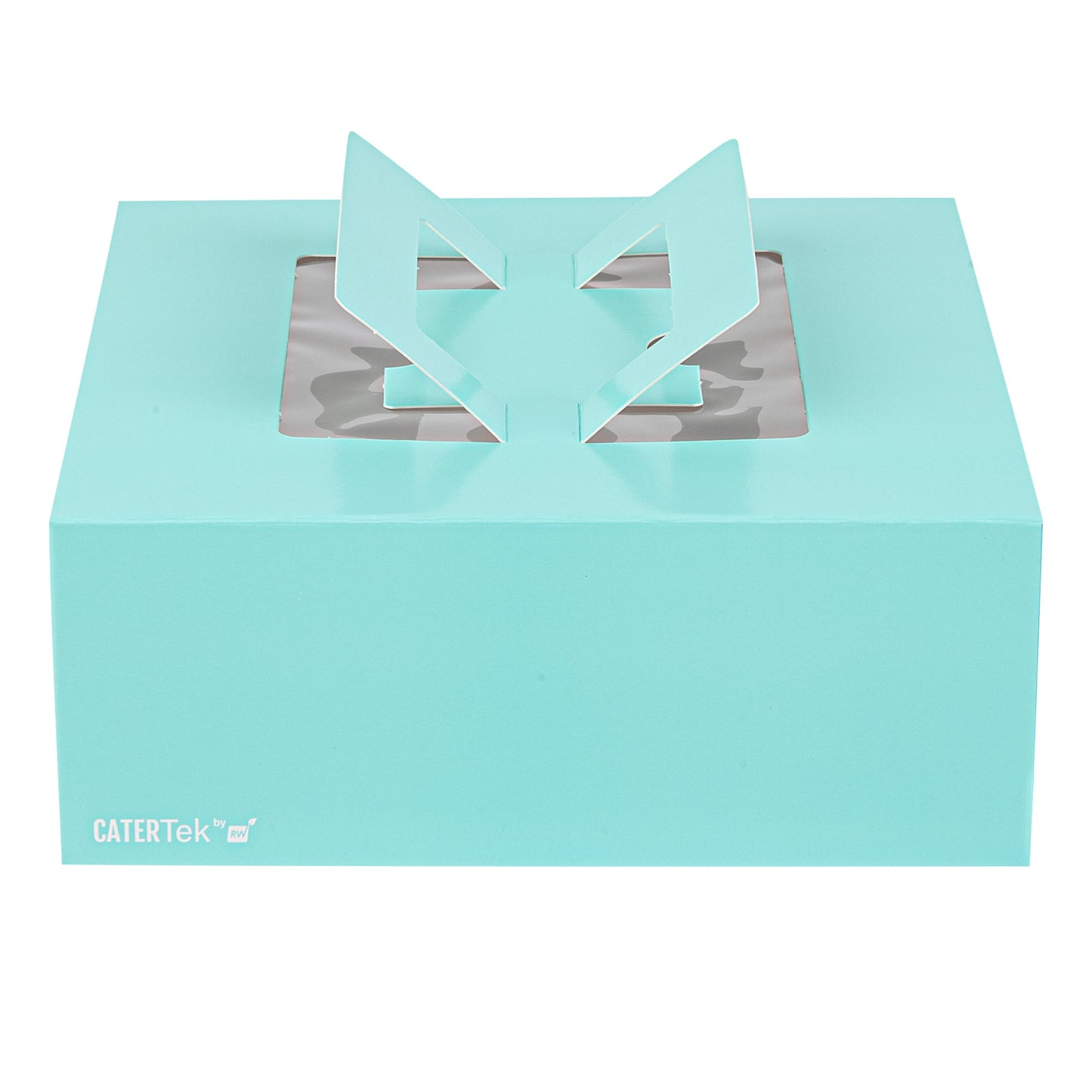 Cater Tek Square Turquoise Paper Cake / Take Out Container - with Pop-Up Handle, Window - 9" x 9" x 3 1/2" - 50 count box
