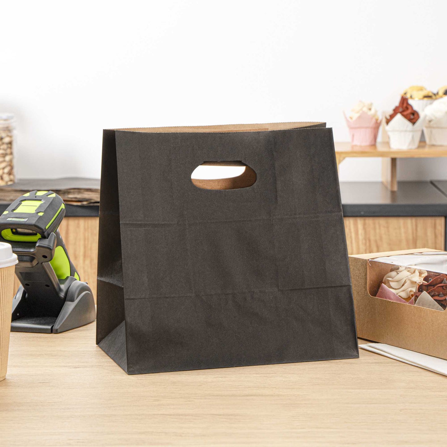 Bag Tek Rectangle Black Paper Take Out Bag - with Handles - 11" x 7" x 11" - 100 count box